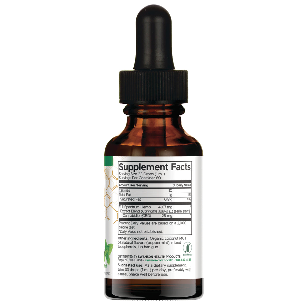 SWU1079 | Swanson Extra Strength CBD Full Spectrum Oil Drops, 25 mg, Mint, 2 fl oz dropper bottle