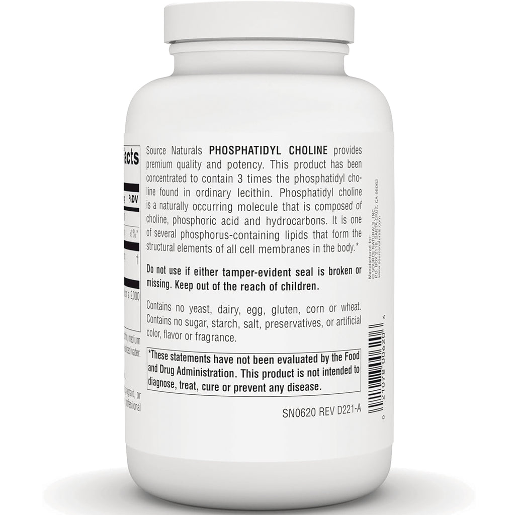 SN797 | Back label for Source Naturals Phosphatidyl Choline supplement bottle - Thumbnail