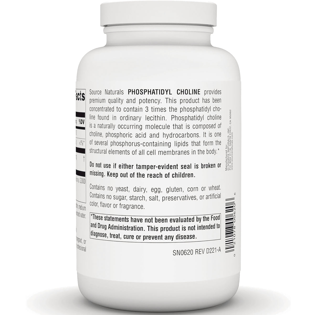 SN797 | Back label for Source Naturals Phosphatidyl Choline supplement bottle