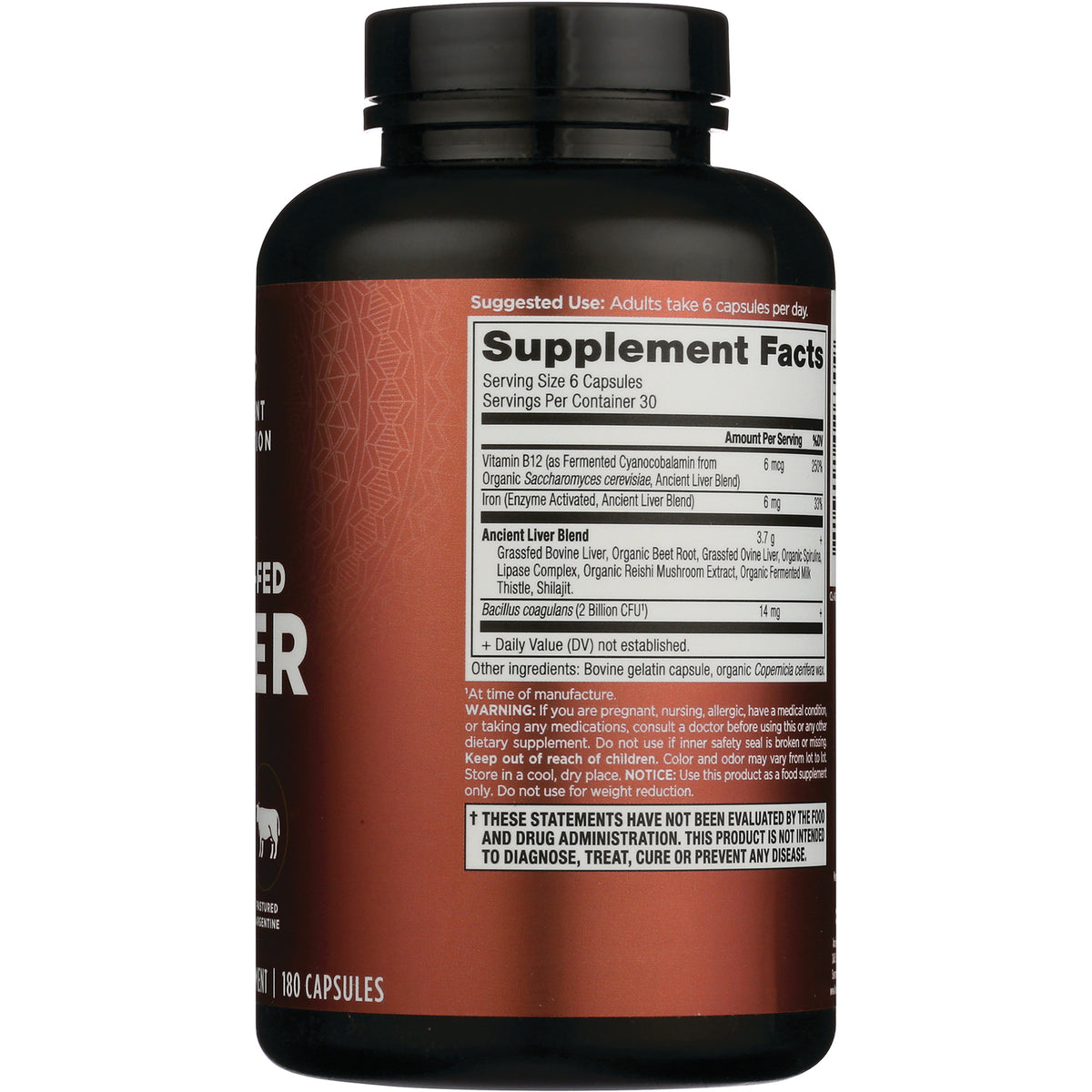 ATN098 | Bottle back showing Supplement Facts panel, serving size and warning text