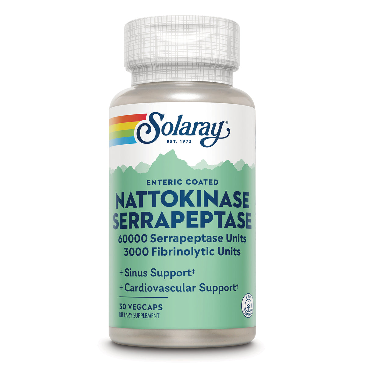 SLR455 | Solaray Nattokinase Serrapeptase supplement bottle front label, enteric coated, 30 vegcaps