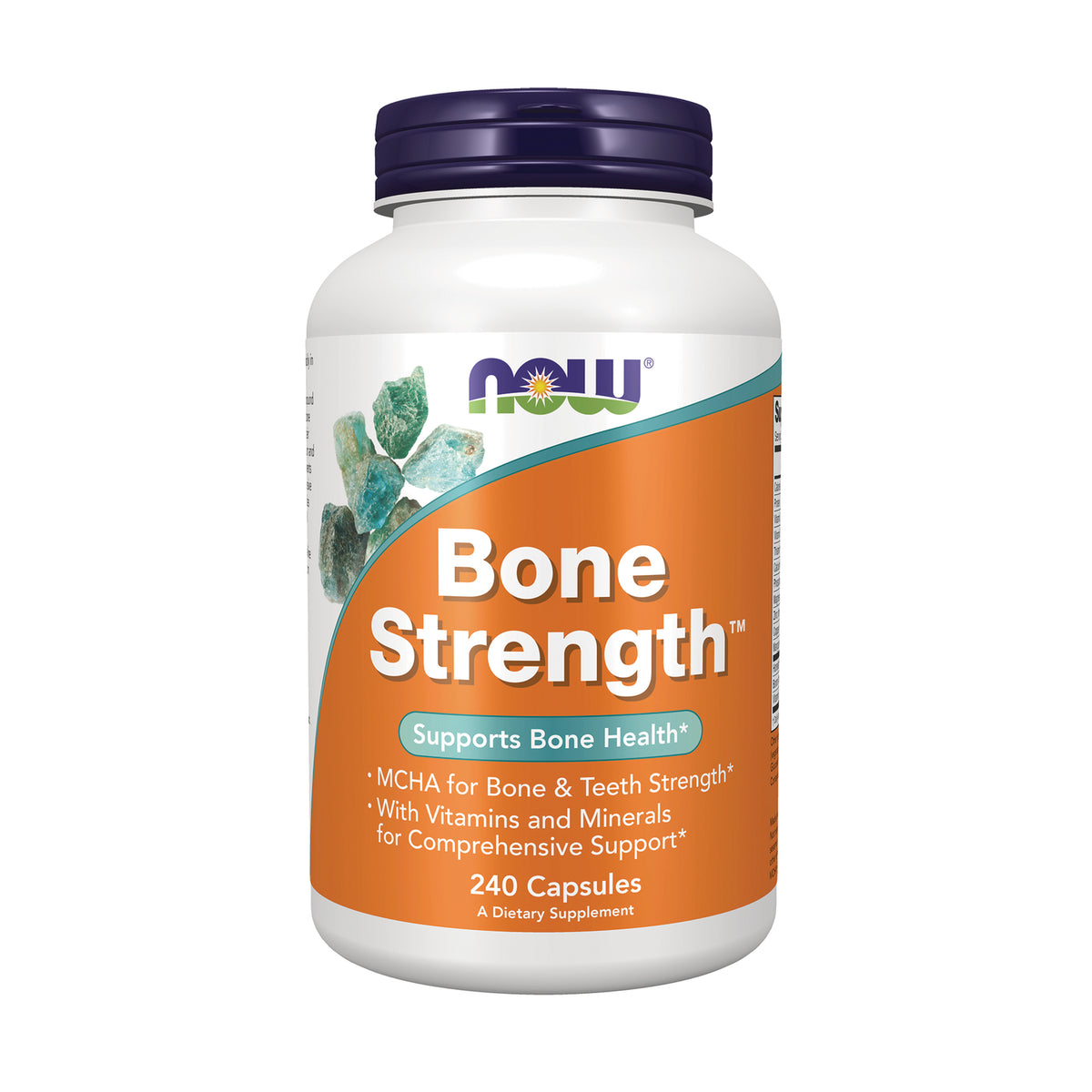 NWF658 | NOW Bone Strength supplement bottle with orange label, 240 Capsules