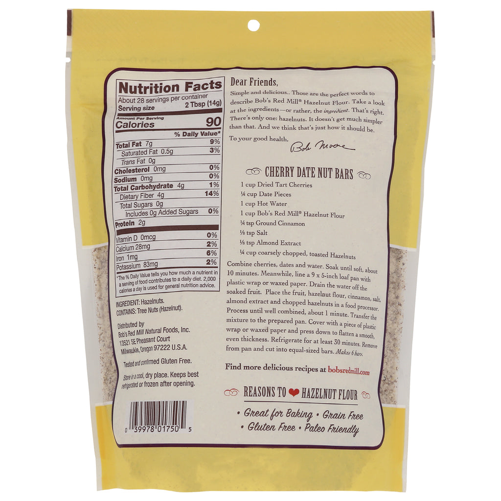 BOB274 | Back of Bob's Red Mill hazelnut flour pouch showing Nutrition Facts, ingredients and Cherry Date Nut Bars recipe - Thumbnail