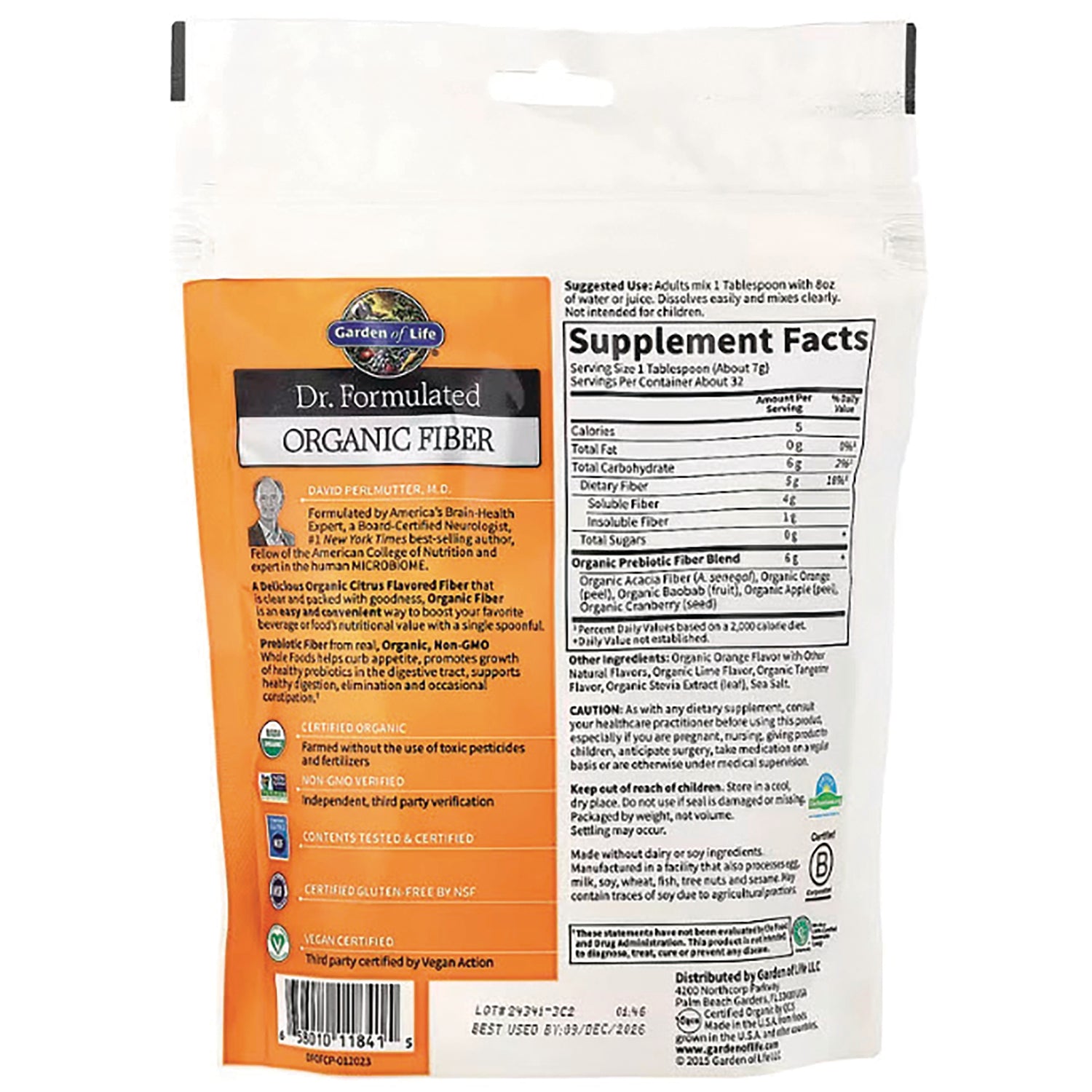 GLF210 | resealable pouch back showing Supplement Facts, ingredients, and orange Dr. Formulated Organic Fiber label