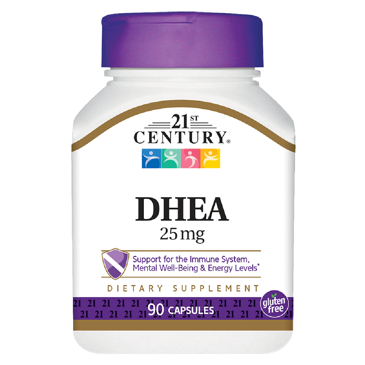 CNT046 | 21st Century DHEA 25 mg white bottle with purple cap and label reading 90 capsules gluten free dietary supplement