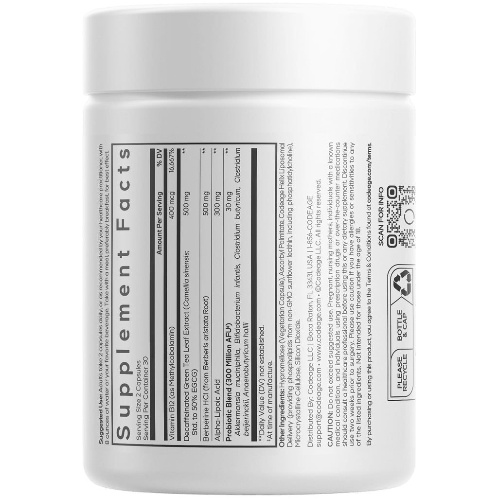 CDG036 | Back of white supplement jar showing Supplement Facts panel, QR code, and recycling icon - Thumbnail