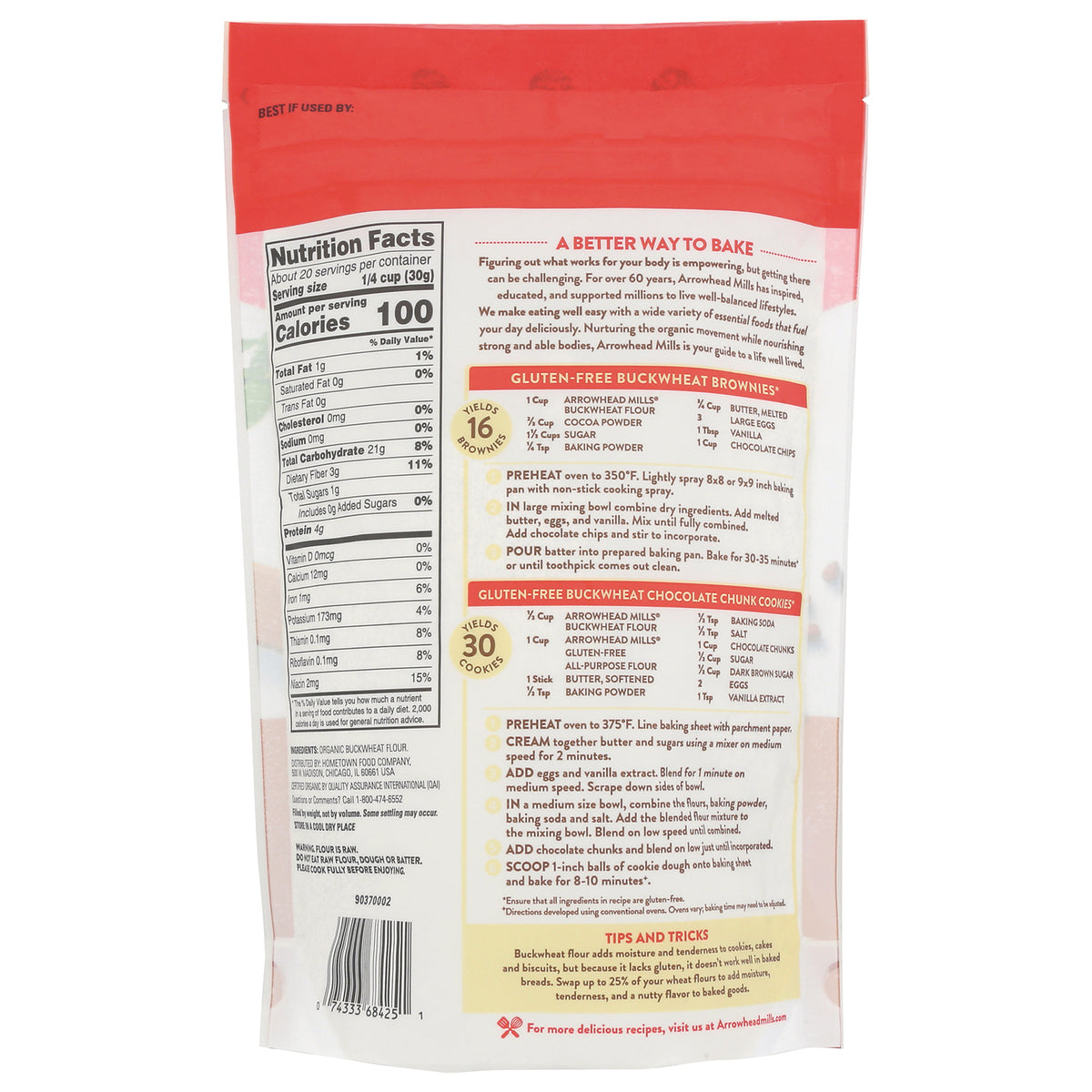 AHM062 | Back of pouch showing Nutrition Facts panel and gluten-free buckwheat brownie and cookie recipes