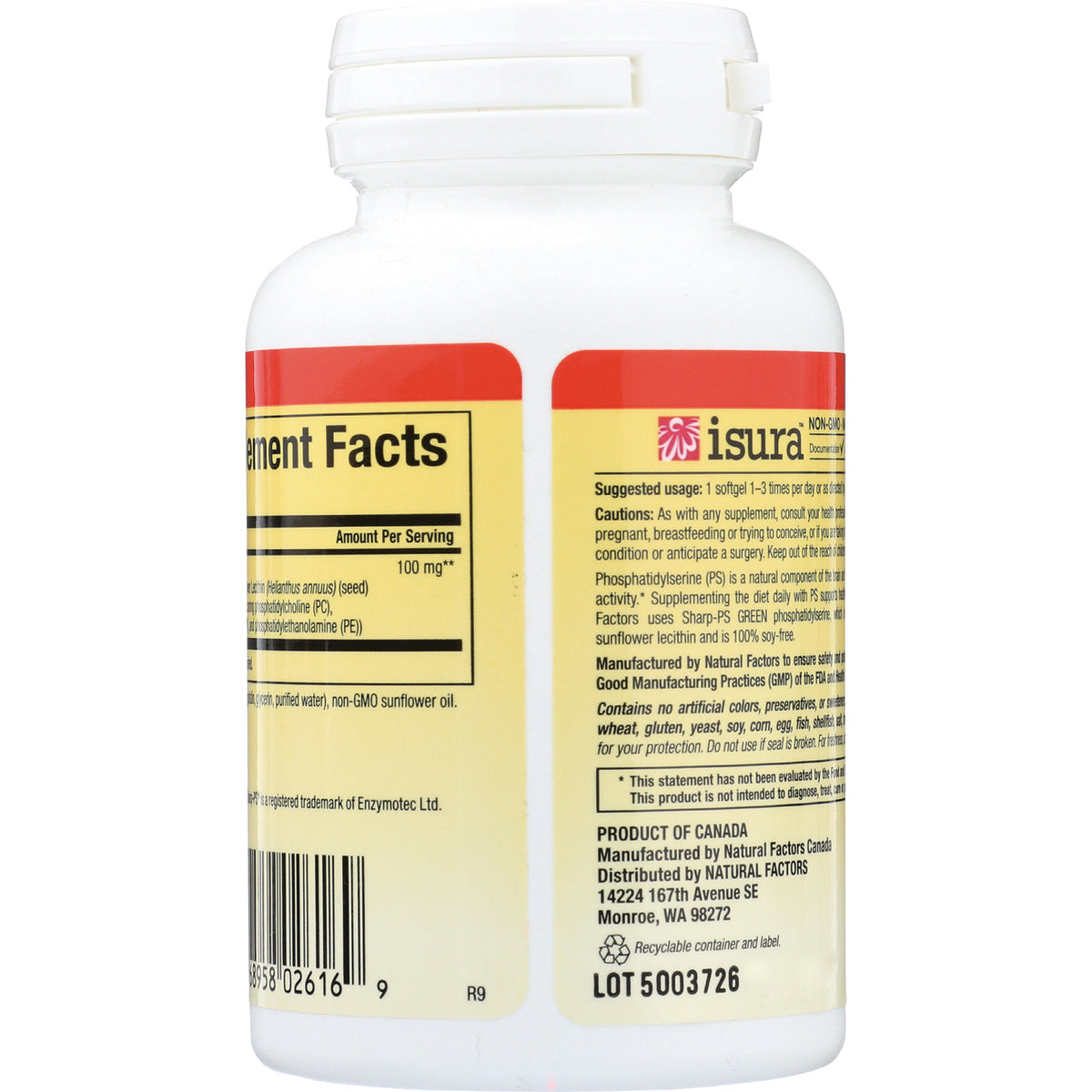 NFC025 | Back of white supplement bottle showing Supplement Facts panel, barcode and lot number
