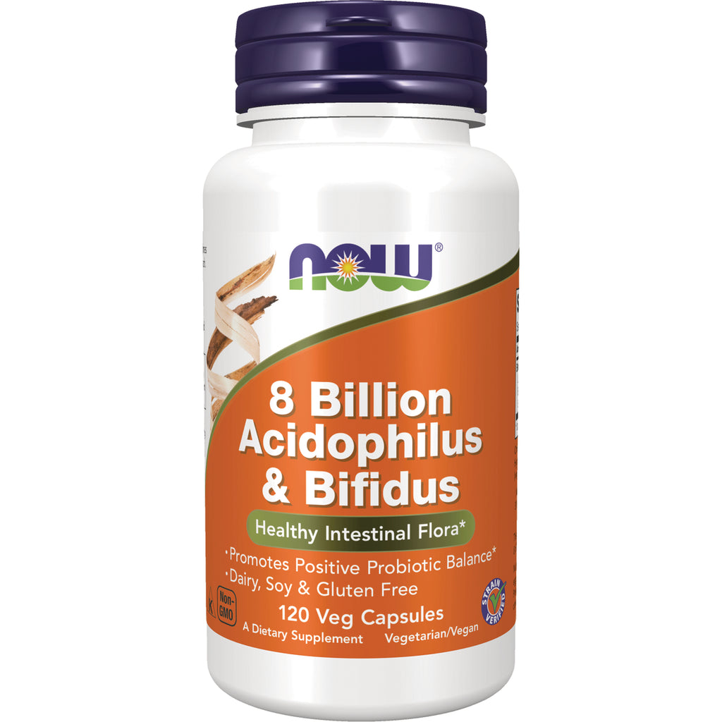 NWF014 | NOW 8 Billion Acidophilus & Bifidus probiotic bottle, 120 veg capsules front label - Thumbnail
