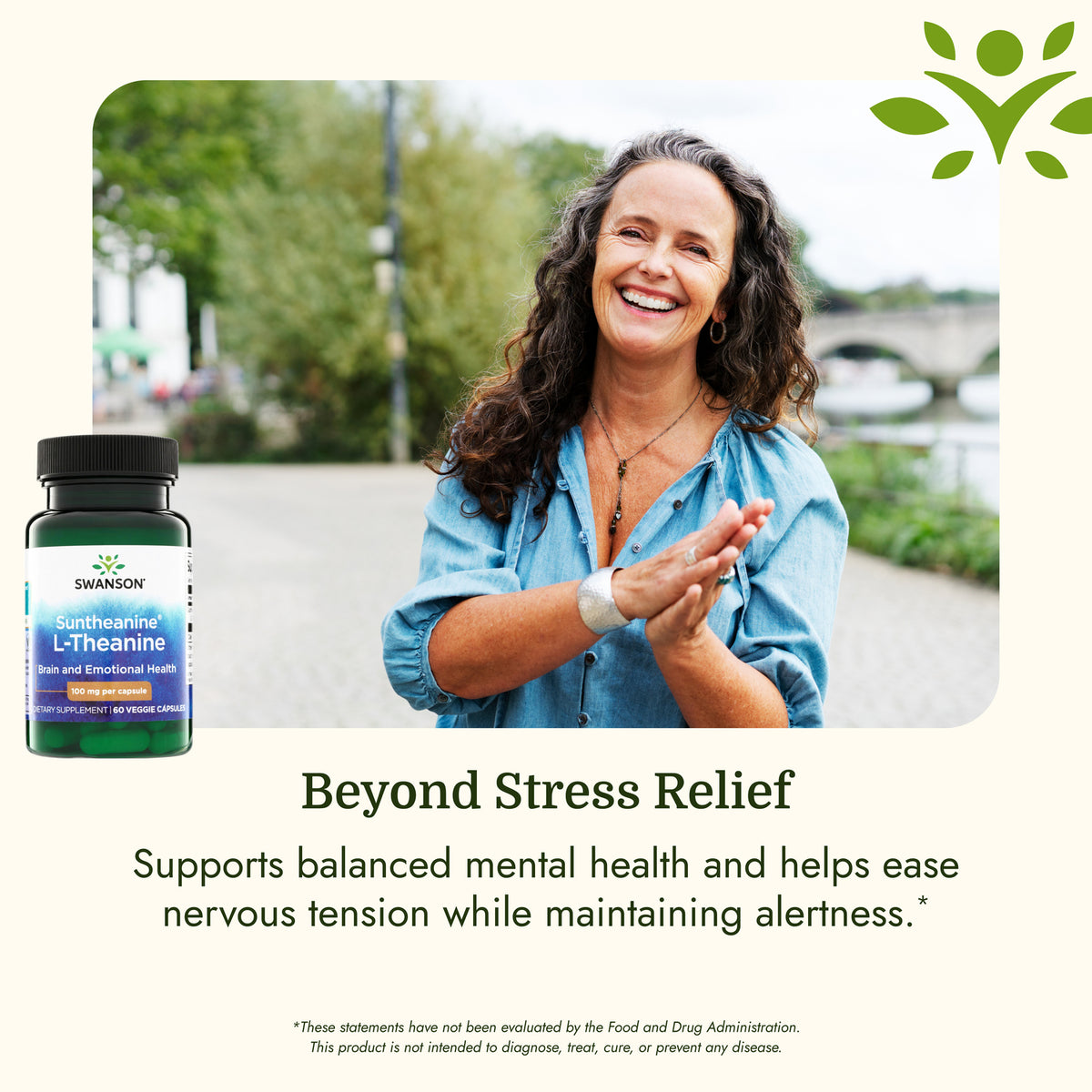 SWU110 | Swanson Suntheanine L-Theanine bottle beside smiling woman with text about stress relief and mental health