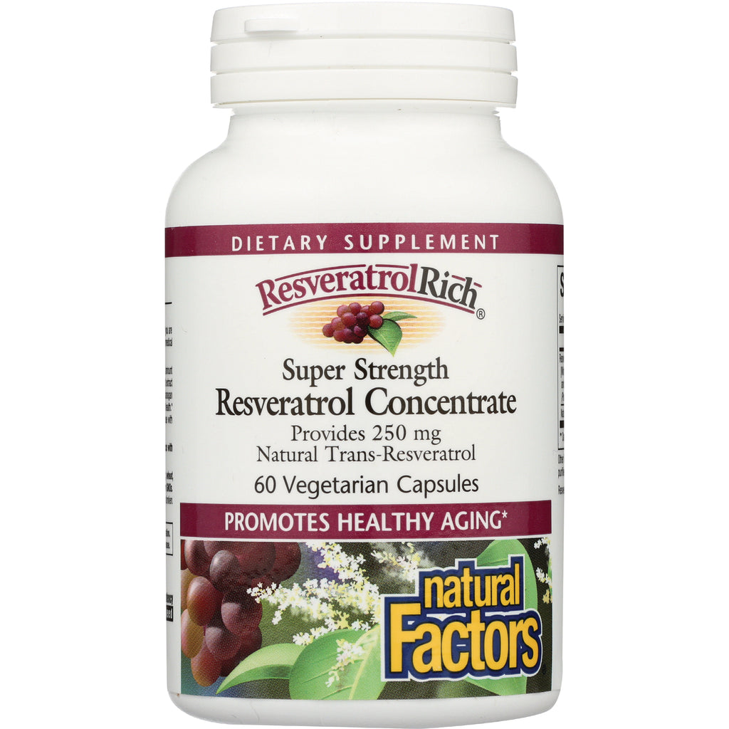 NFC080 | supplement bottle labeled Resveratrol Rich Super Strength Resveratrol Concentrate, 60 vegetarian capsules, Natural Factors logo - Thumbnail