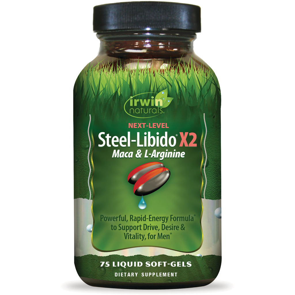IR258 | Irwin Naturals Steel-Libido X2 Maca & L-Arginine bottle front showing 75 liquid soft-gels dietary supplement - Thumbnail