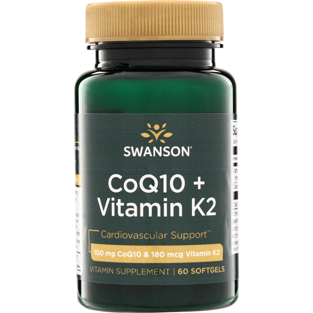 SWU1069 | Swanson CoQ10 + Vitamin K2 supplement bottle, 100 mg CoQ10 & 180 mcg Vitamin K2, 60 softgels - Thumbnail