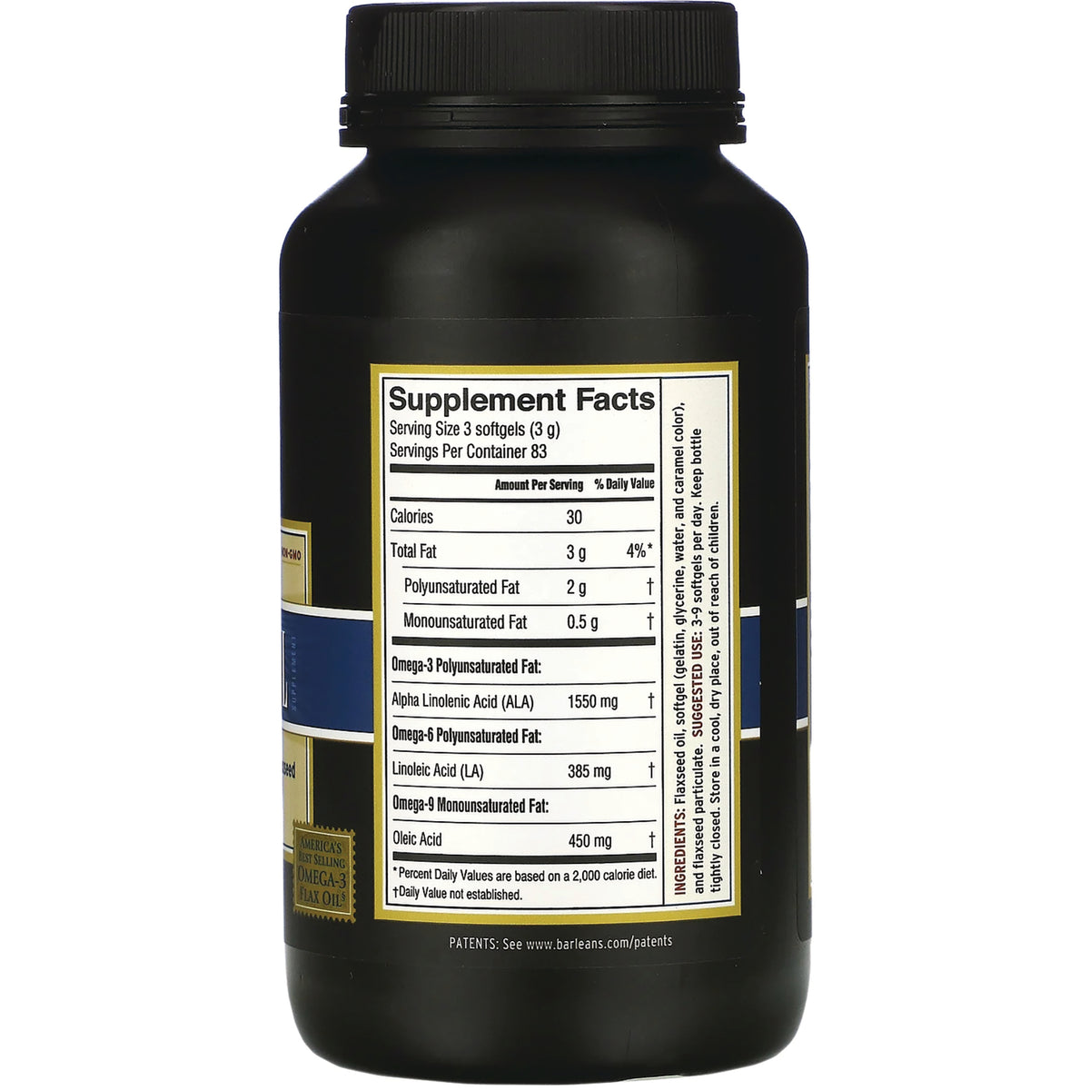 BAR004 | Back of black supplement bottle showing Supplement Facts panel with serving size and nutrient amounts