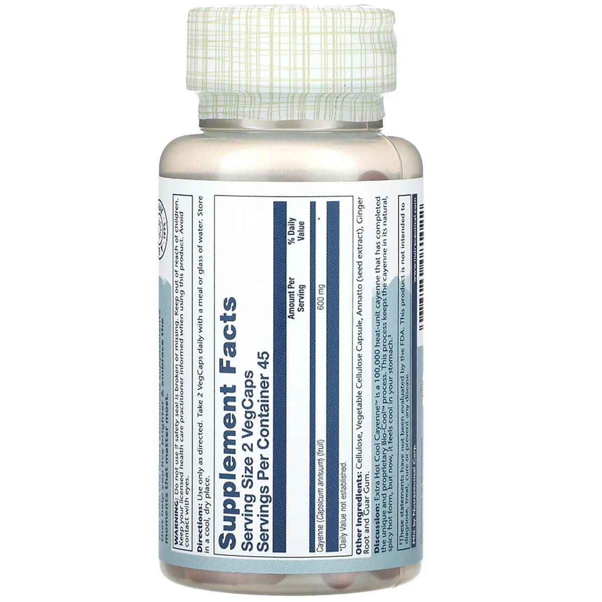 SLR304 | Solaray Extra Hot Cool Cayenne 100,000 Heat Unit digestion aid, supplement facts label