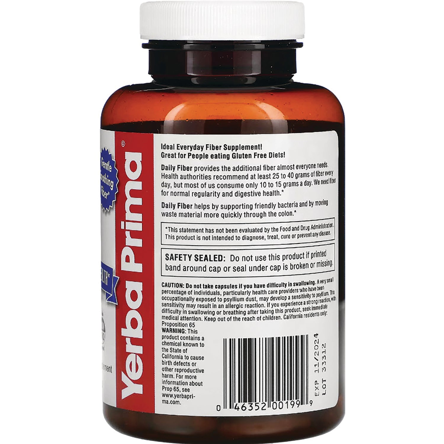 YP003 | Back of Yerba Prima Daily Fiber supplement bottle with information and barcode