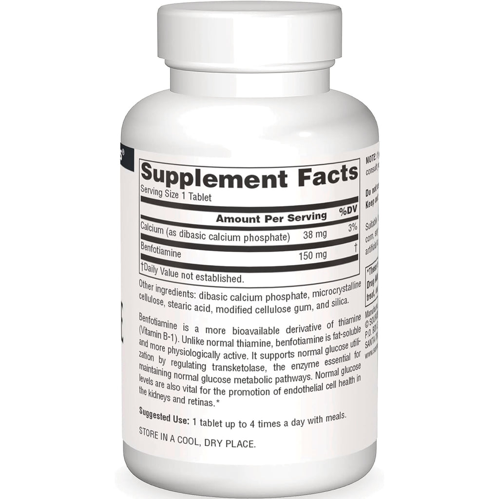 SN680 | Supplement bottle back label with Supplement Facts, serving size 1 tablet, calcium 38 mg, benfotiamine 150 mg - Thumbnail