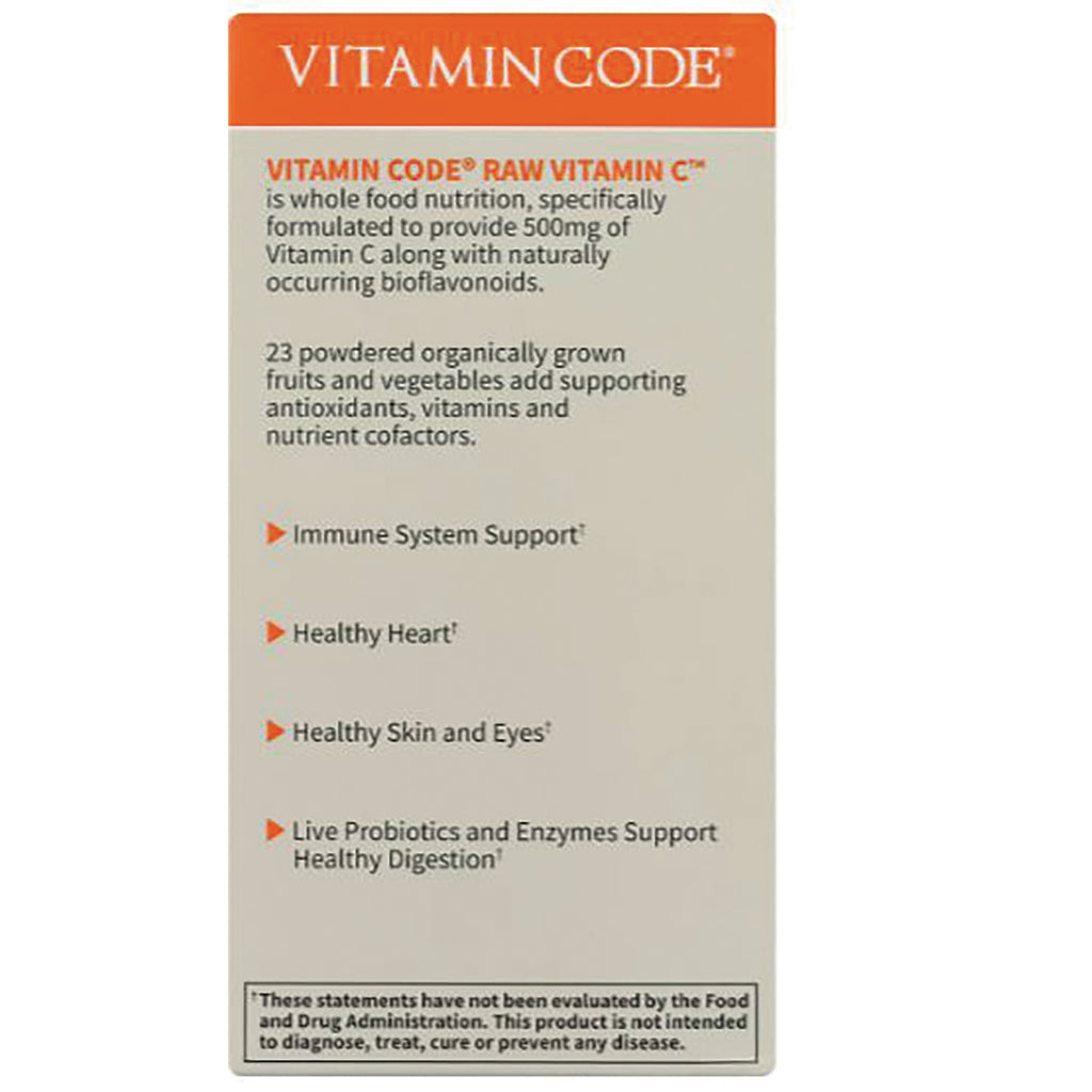 GLF146 | Back of Vitamin Code Raw Vitamin C box listing 500mg, immune system support, healthy heart, healthy skin and eyes, probiotics - Thumbnail