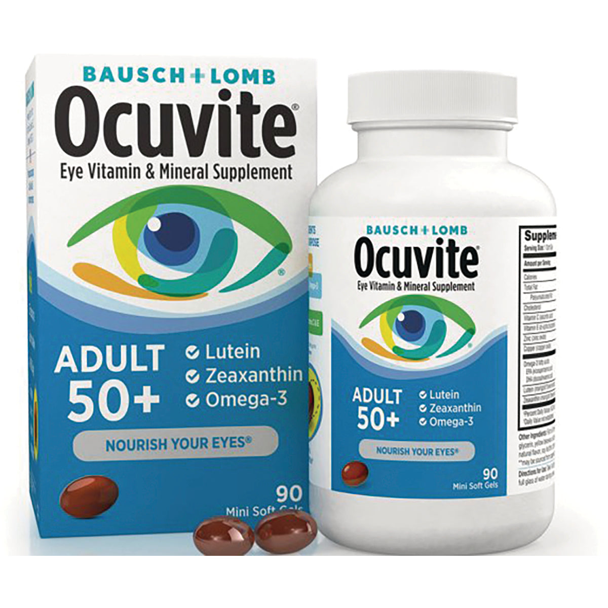 BNL028 | Ocuvite Adult 50+ eye vitamin and mineral supplement box and bottle with three brown softgel pills