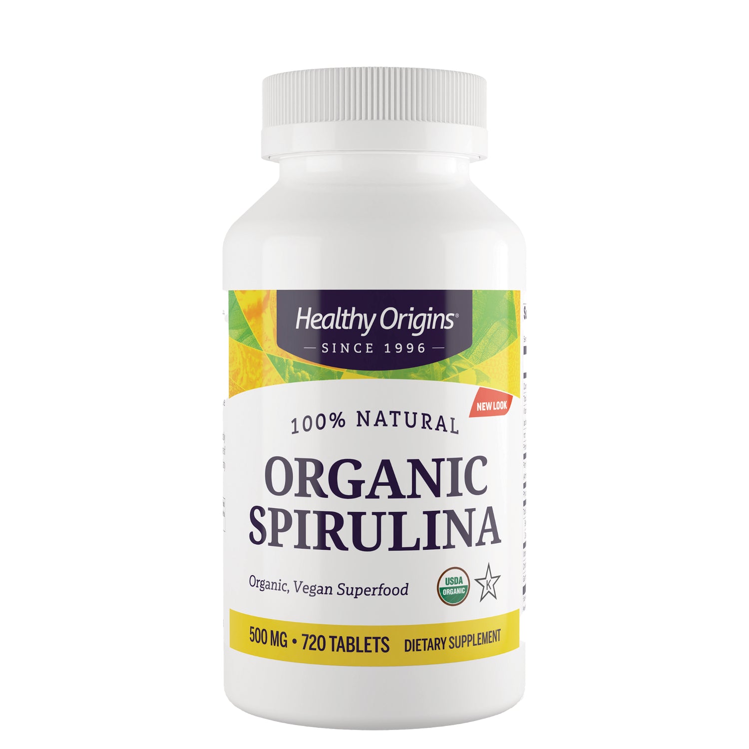 HRG067 | White bottle labeled Healthy Origins 100% Natural Organic Spirulina 500 mg 720 tablets dietary supplement