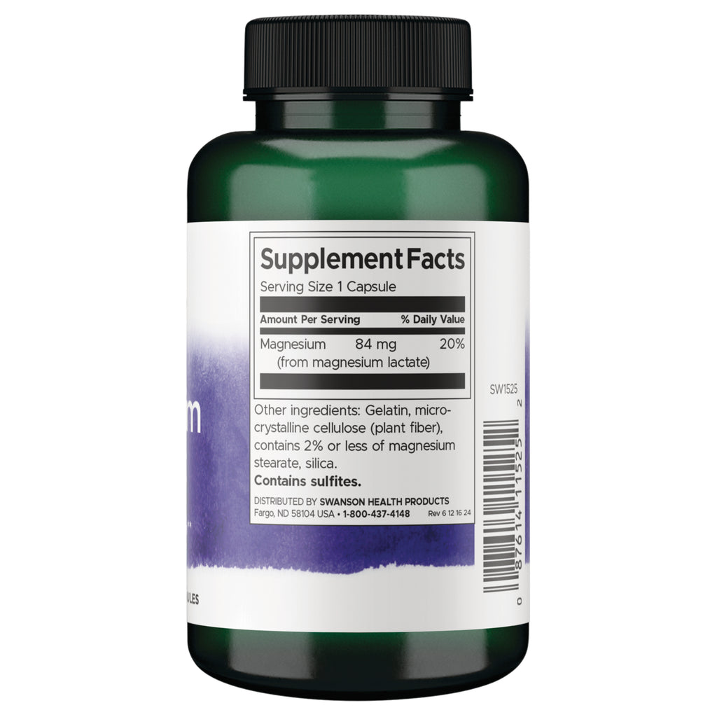 SW1525 | Back label with Supplement Facts for magnesium 84 mg (20%) and ingredients list - Thumbnail