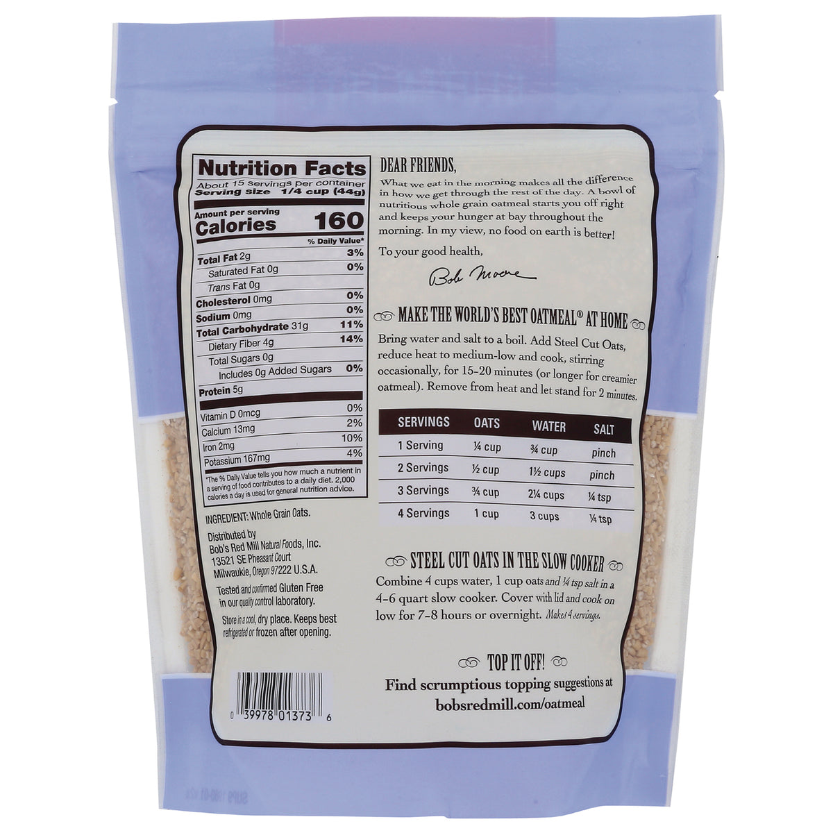 BOB309 | back of oats package showing nutrition facts, ingredient list, serving chart and cooking instructions
