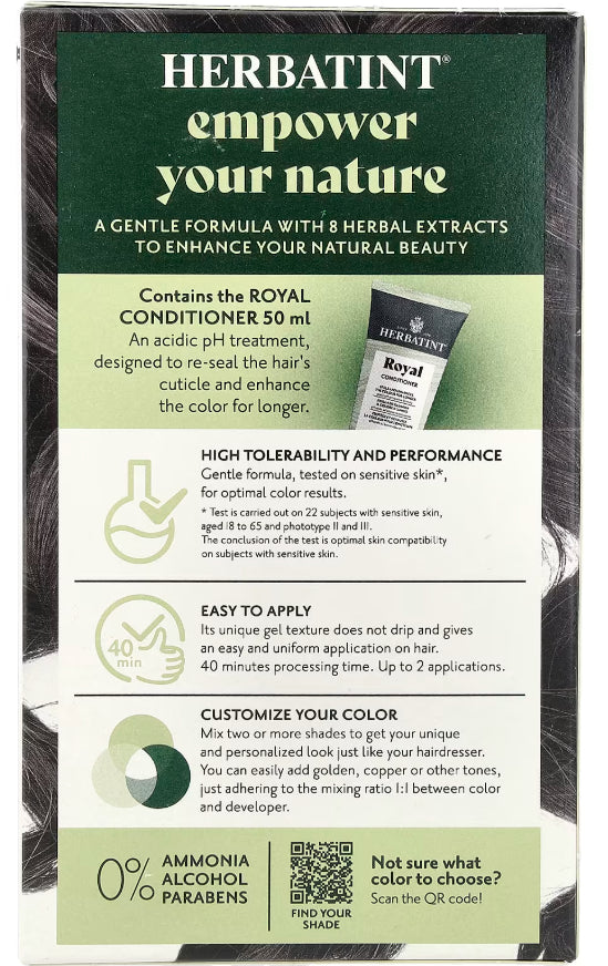 HBT005 | back of Herbatint hair color box showing Royal Conditioner details, application steps, color customization tips and 0% ammonia alcohol parabens - Thumbnail