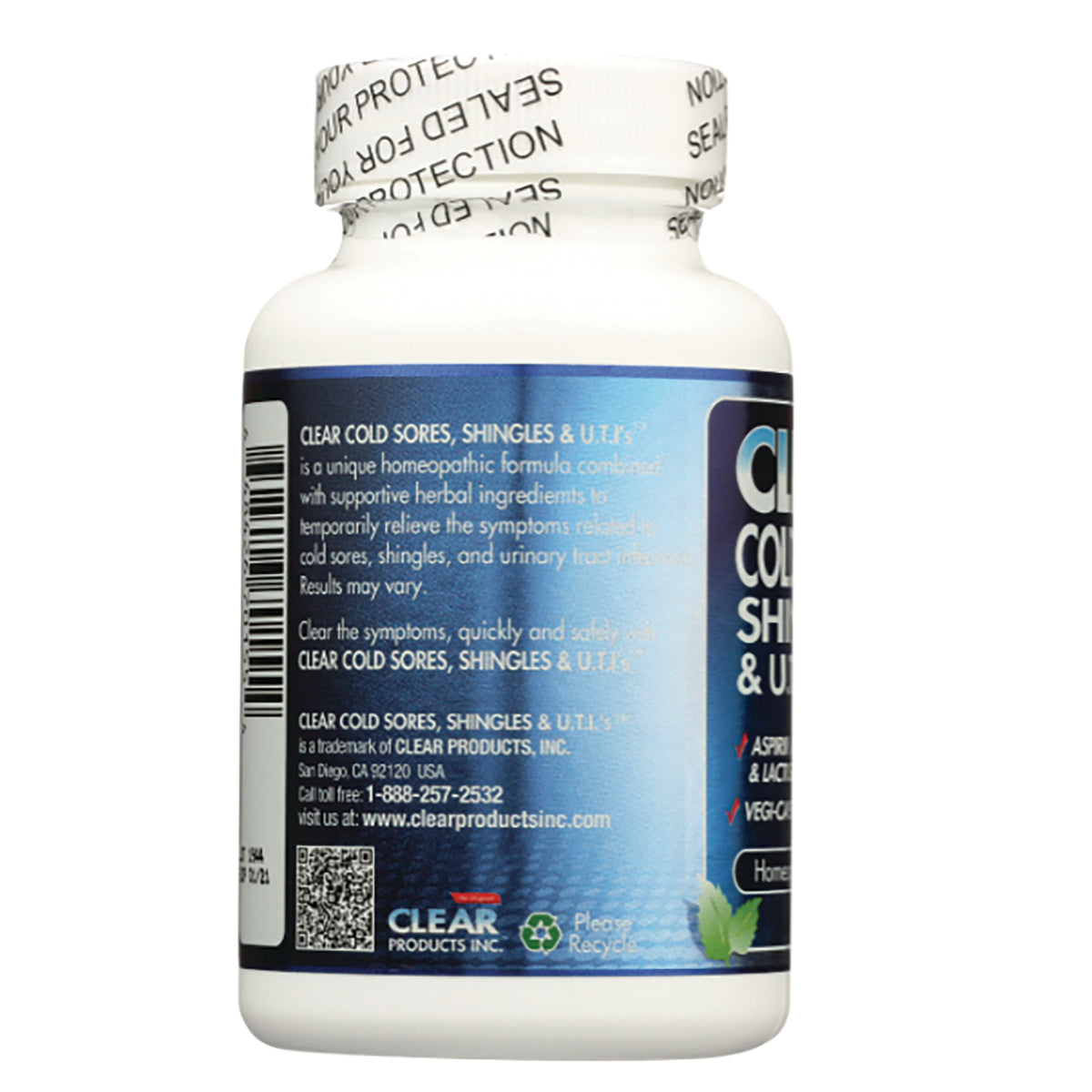 CLP007 | back label of white supplement bottle showing CLEAR COLD SORES, SHINGLES & U.T.I.s text, barcode and company contact info