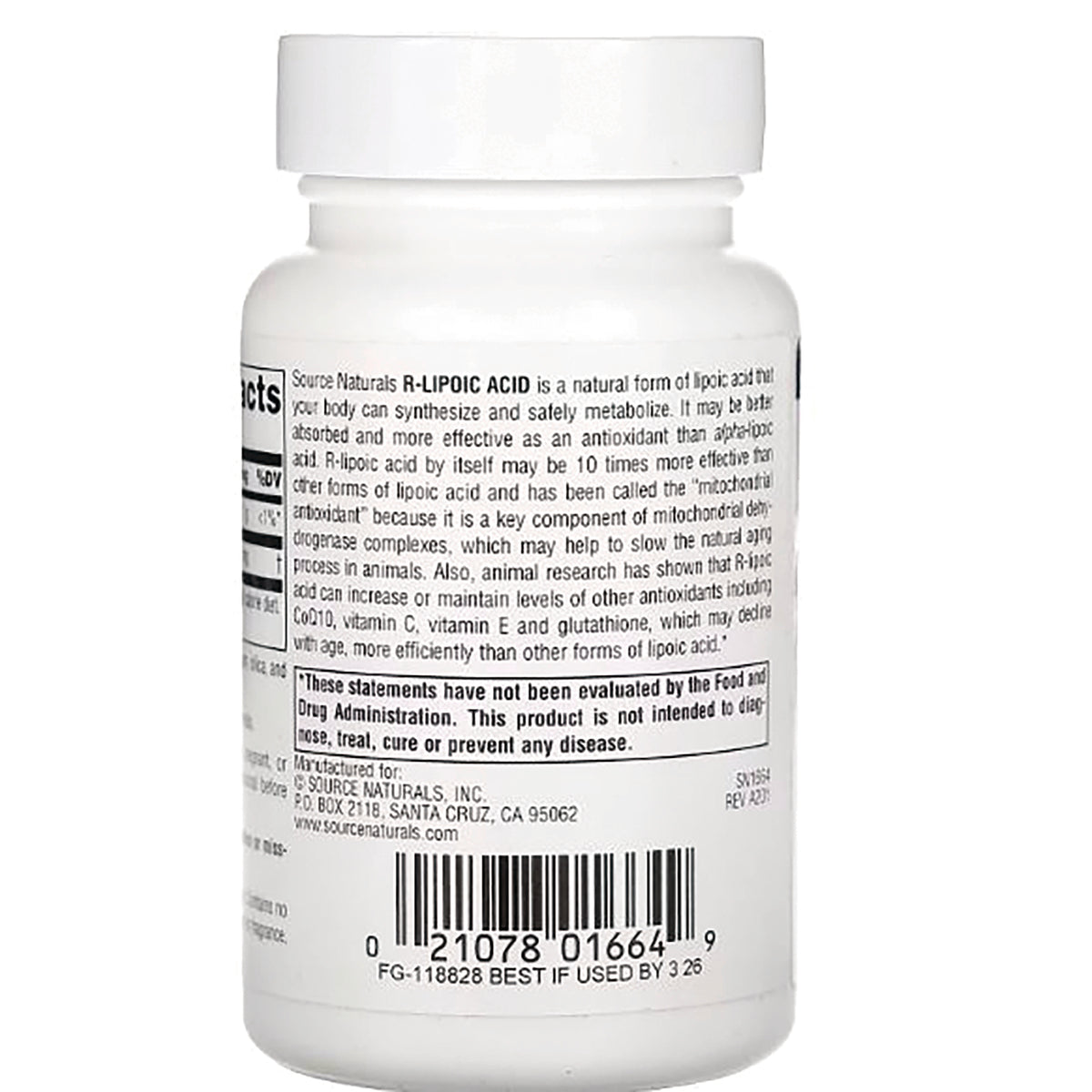 SN134 | back label showing supplement facts, warning statement and barcode on white bottle