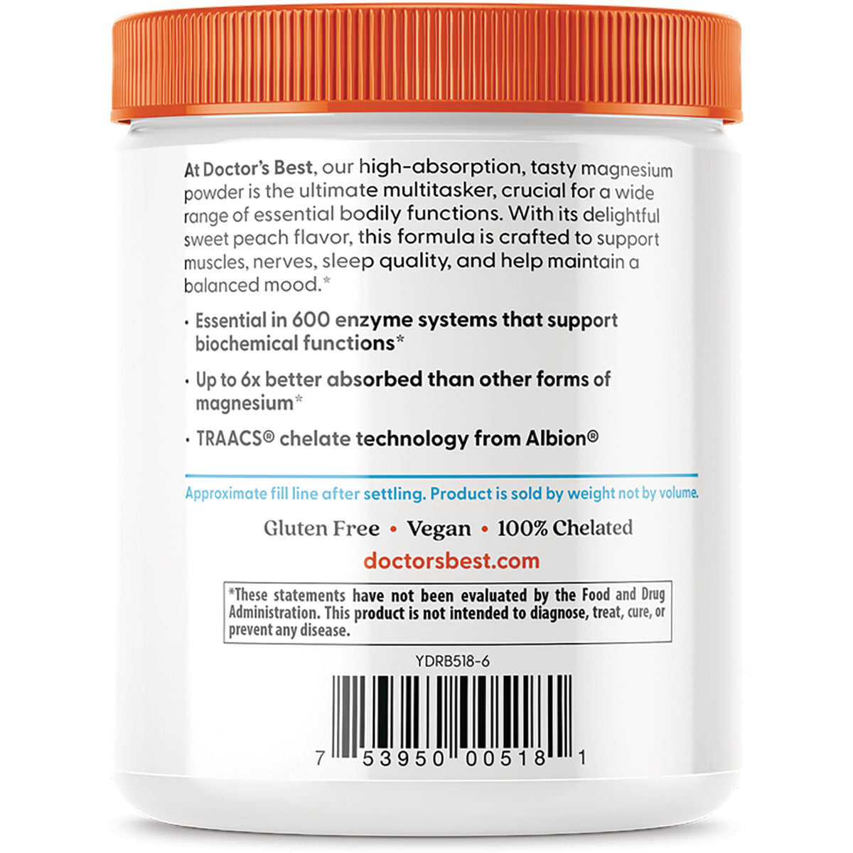 DB270 | back label of white supplement jar showing product claims, Gluten Free Vegan 100% Chelated, barcode, and doctorsbest.com