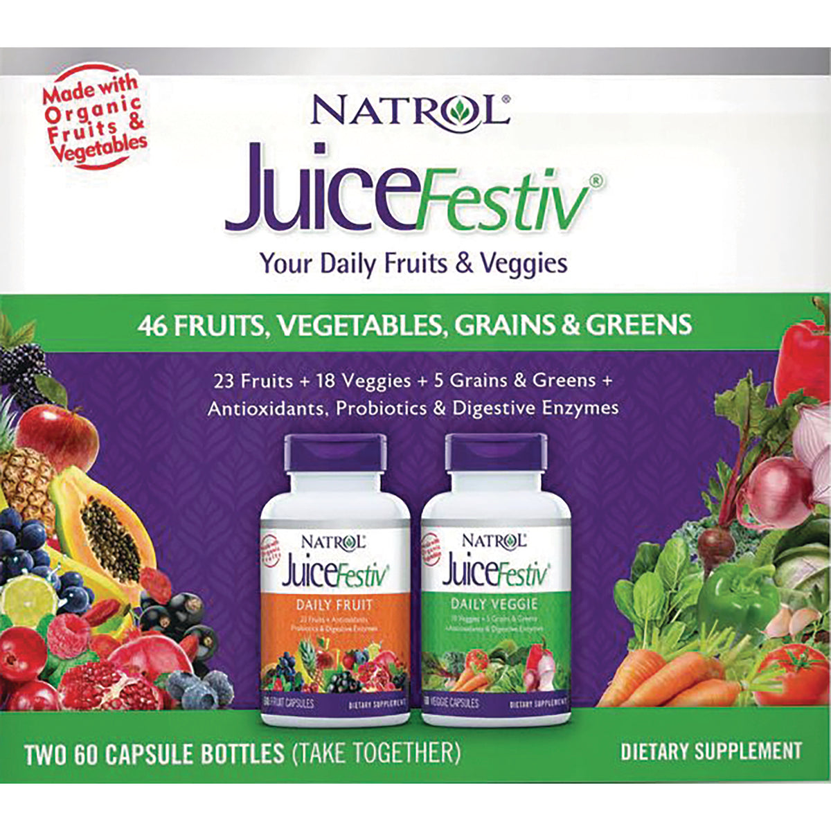 NA395 | Natrol JuiceFestiv front packaging showing two 60-capsule Daily Fruit and Daily Veggie supplement bottles with fruits and vegetables