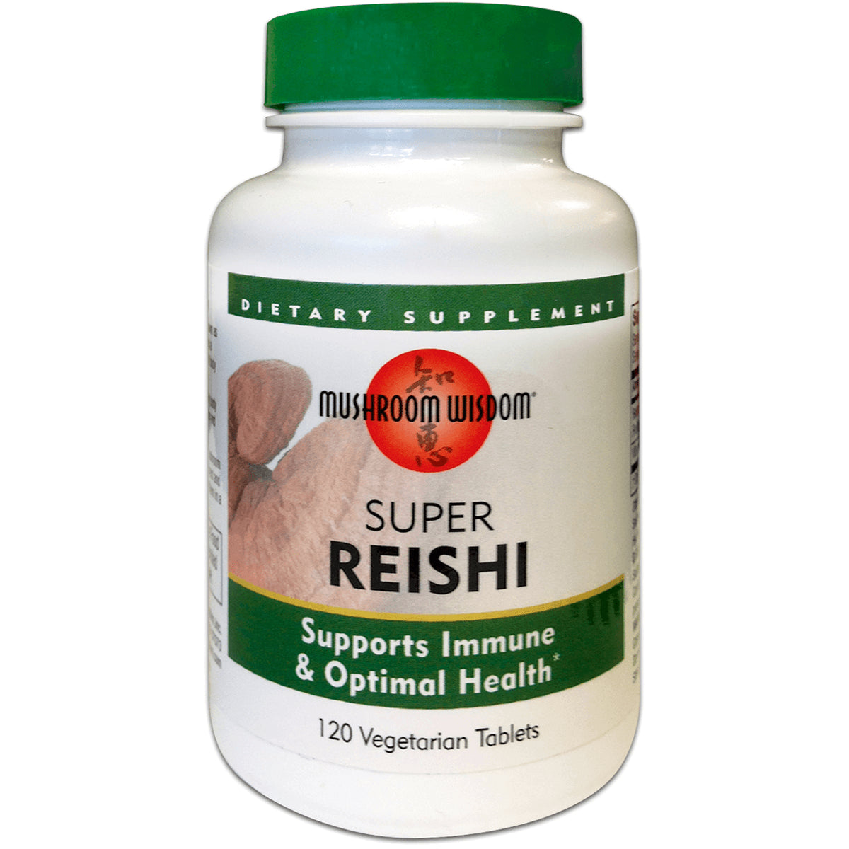 MSH013 | White bottle of Mushroom Wisdom Super Reishi dietary supplement with green cap, label reads Supports Immune & Optimal Health, 120 Vegetarian Tablets