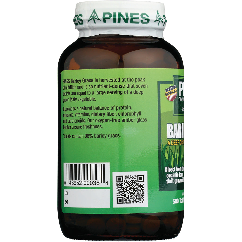 PNN002 | Amber glass bottle back label for barley grass tablets showing product details, barcode and QR code - Thumbnail