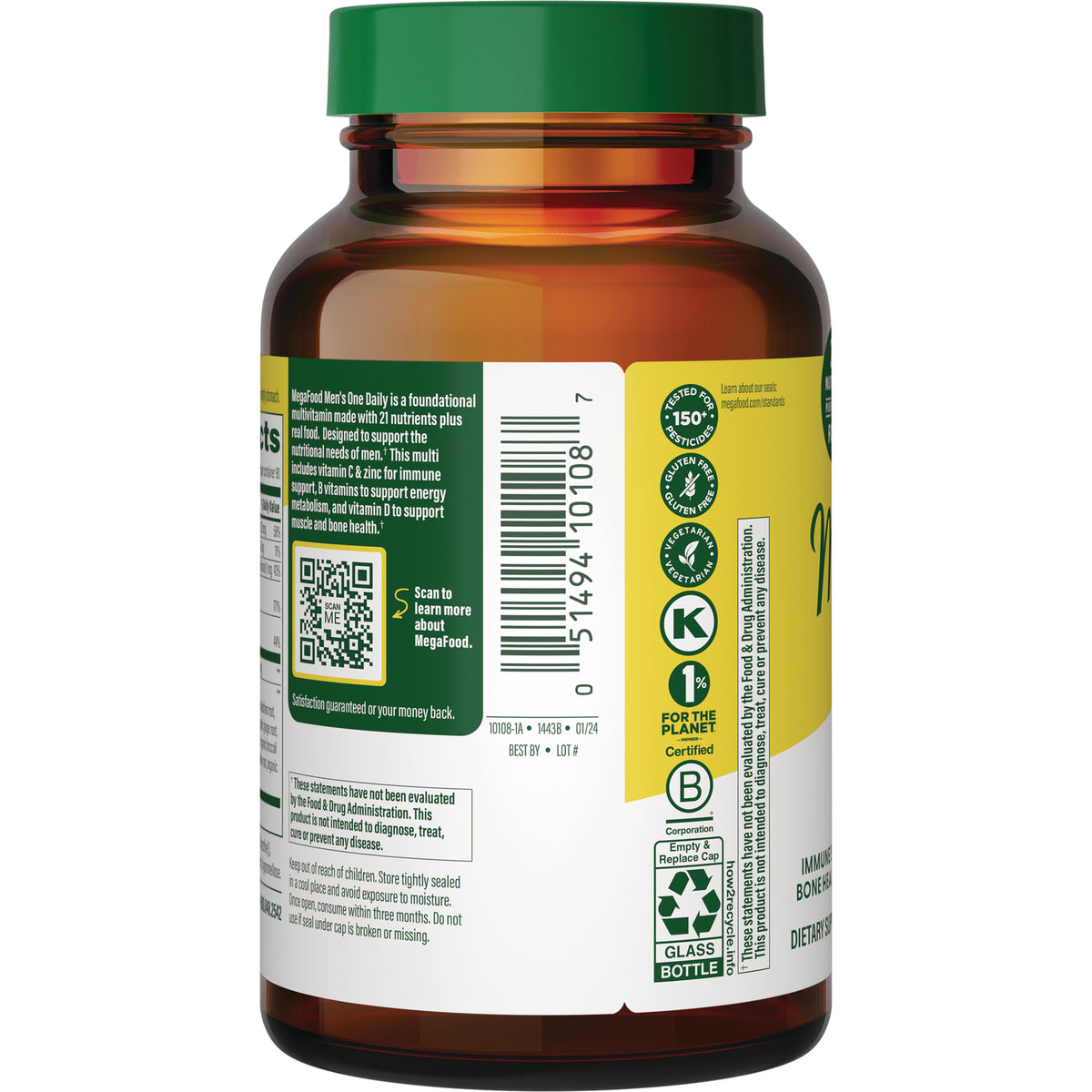 MGF005 | Back of amber supplement bottle showing barcode, QR code, ingredient panel and certification icons