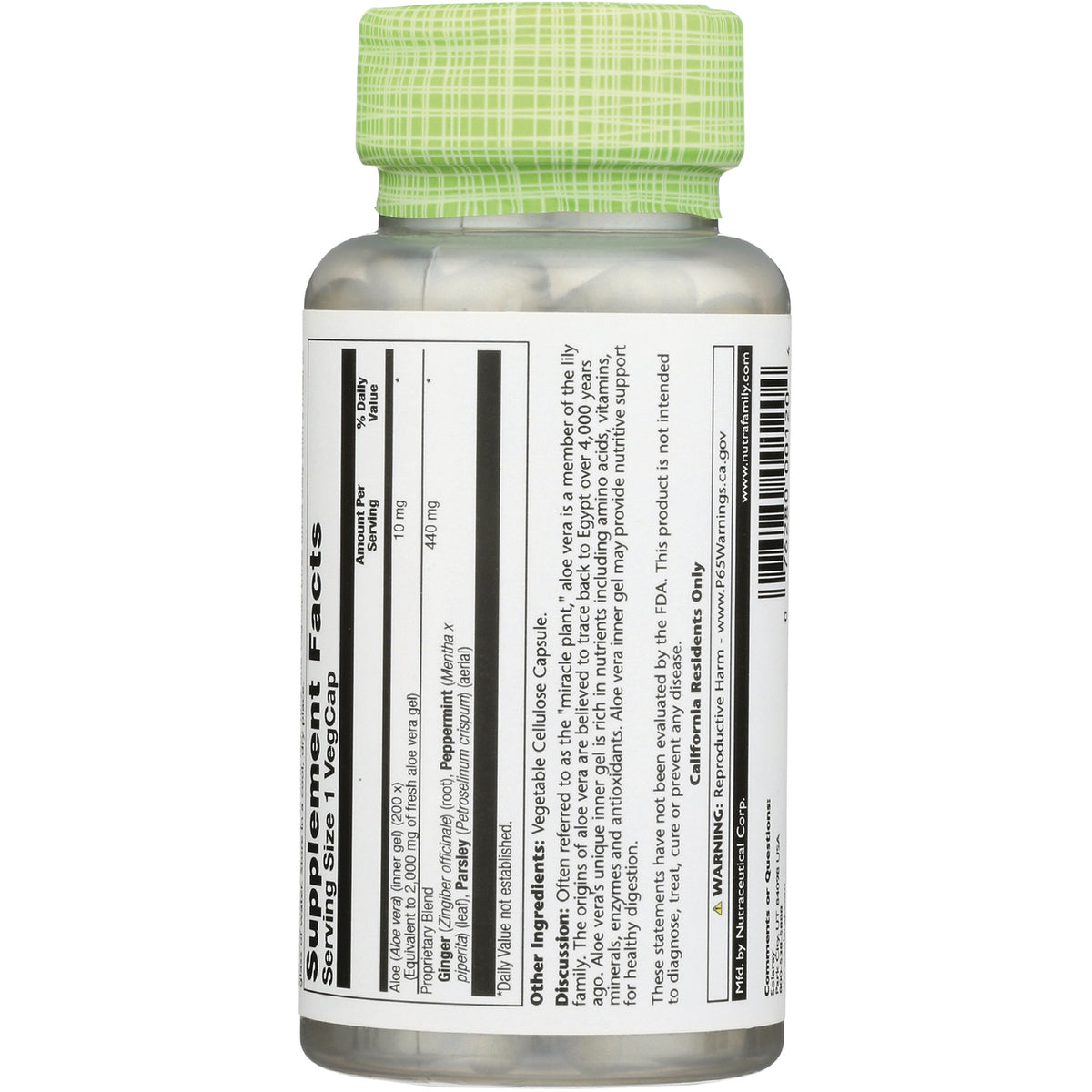 SLR253 | back of white supplement bottle with green cap showing supplement facts panel and barcode