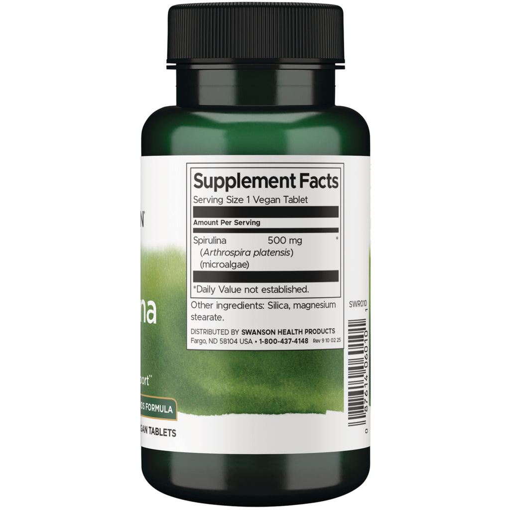 SWR010 | Back label with Supplement Facts: serving size 1 vegan tablet; Spirulina 500 mg; other ingredients listed - Thumbnail