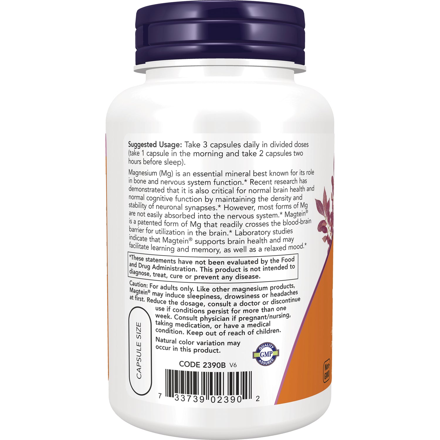 NWF1315 | Back label of white supplement bottle showing suggested usage text, cautions, and barcode