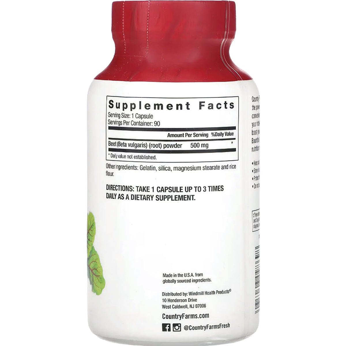 CFR018 | supplement facts label showing beet (Beta vulgaris) root powder 500 mg, serving size 1 capsule and directions to take 1 capsule up to 3 times daily