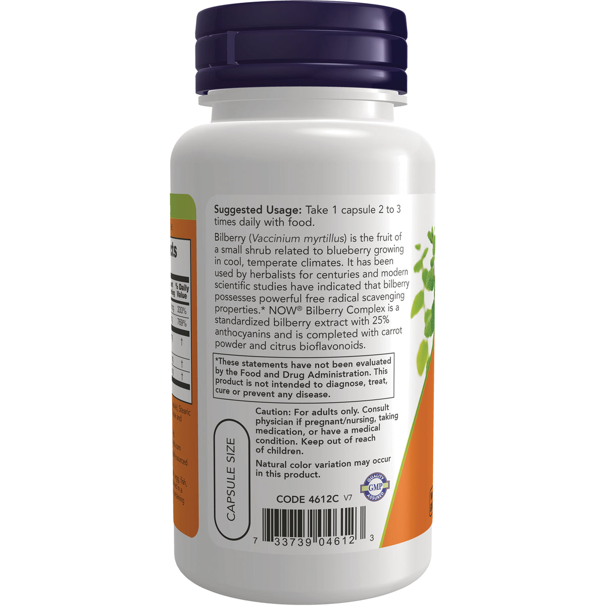 NWF289 | back label of white supplement bottle showing suggested usage, cautions, barcode and capsule size