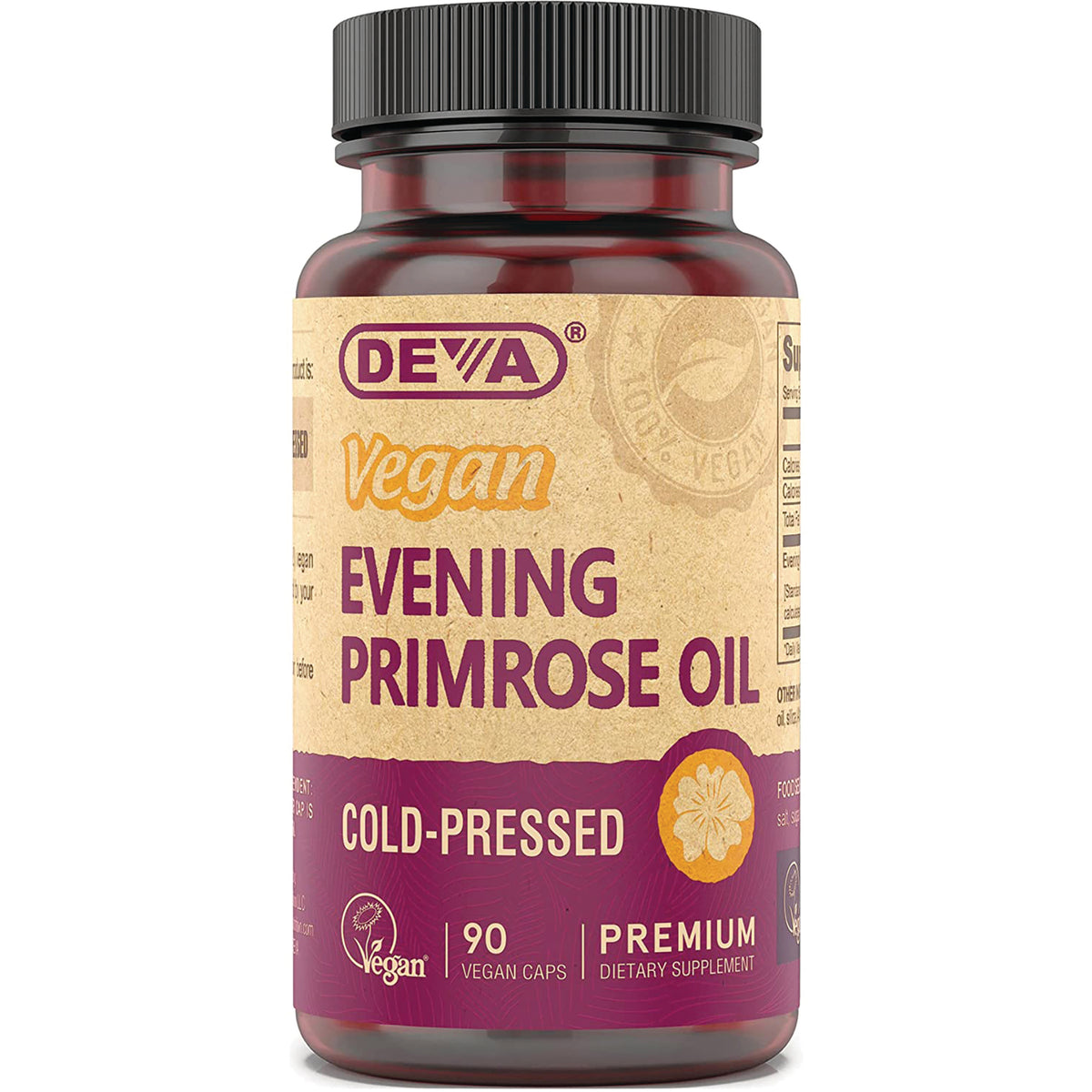 DEV020 | DEVA Vegan Evening Primrose Oil bottle, cold-pressed, 90 vegan capsules