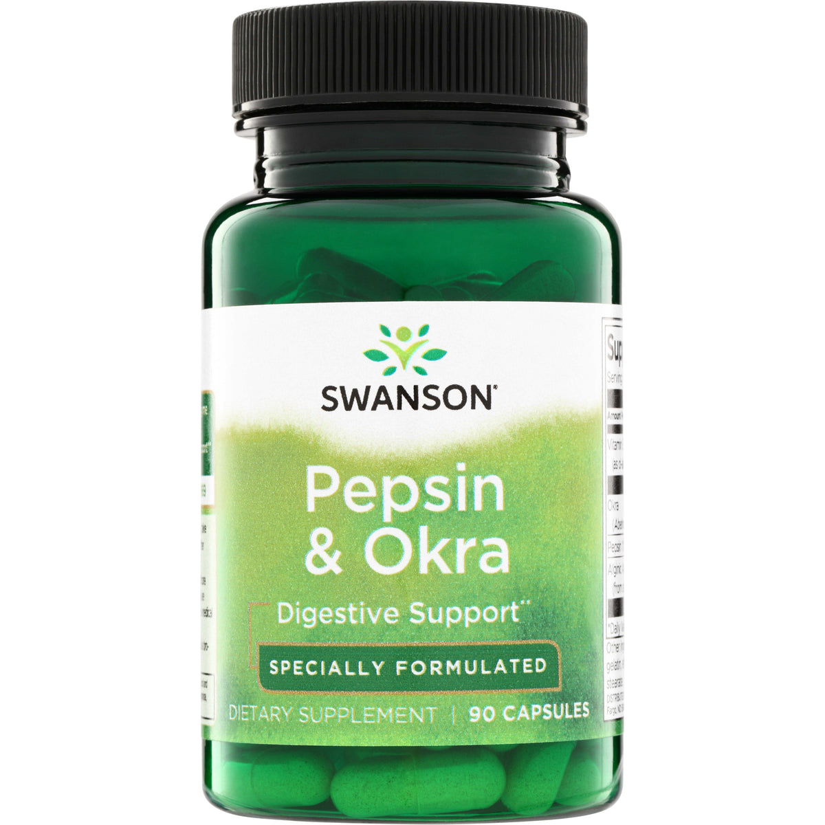 SW1396 | Swanson Pepsin & Okra Digestive Support, Specially Formulated, 90 capsules, front of bottle
