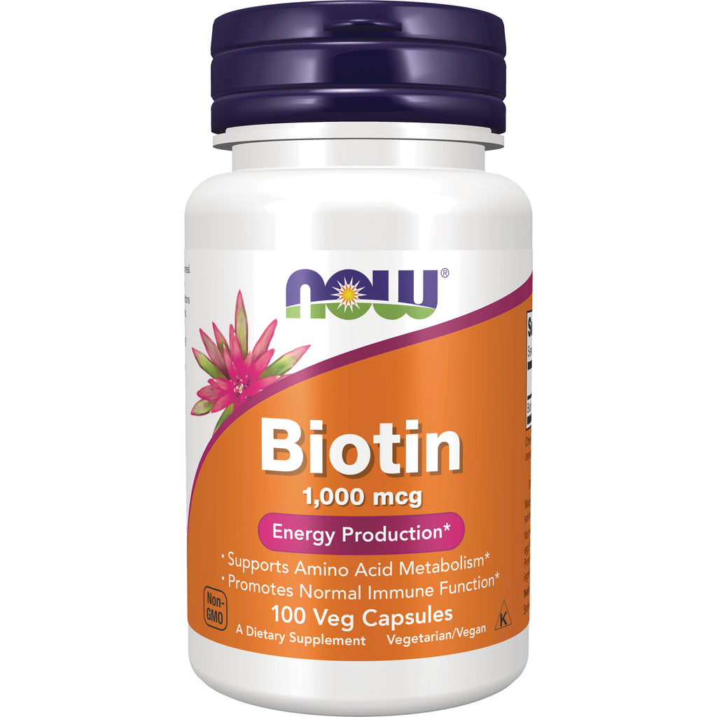 NWF027 | NOW Biotin 1,000 mcg supplement bottle, 100 veg capsules, orange label - Thumbnail
