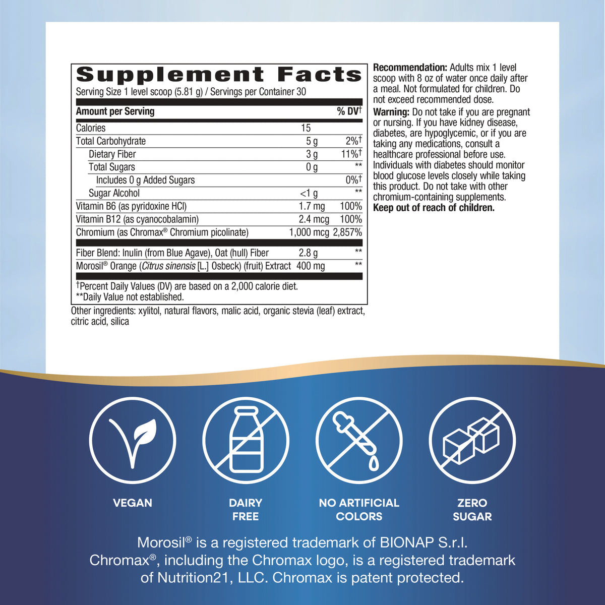 NW1070 | supplement facts panel and warnings on product back above vegan, dairy-free, no artificial colors, zero sugar icons
