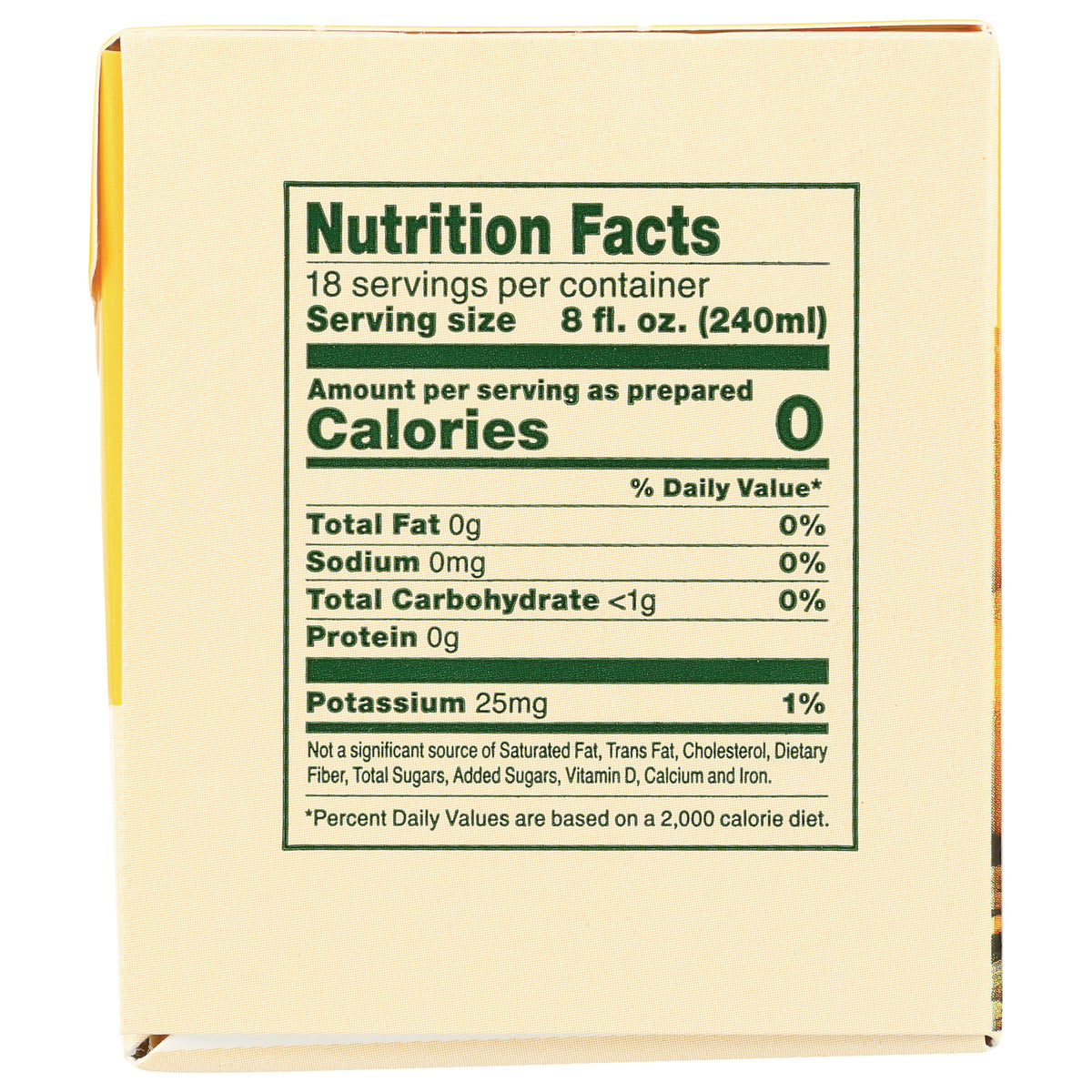 BGT008 | Nutrition Facts panel listing 18 servings, serving size 8 fl. oz. (240ml), Calories 0, Potassium 25mg