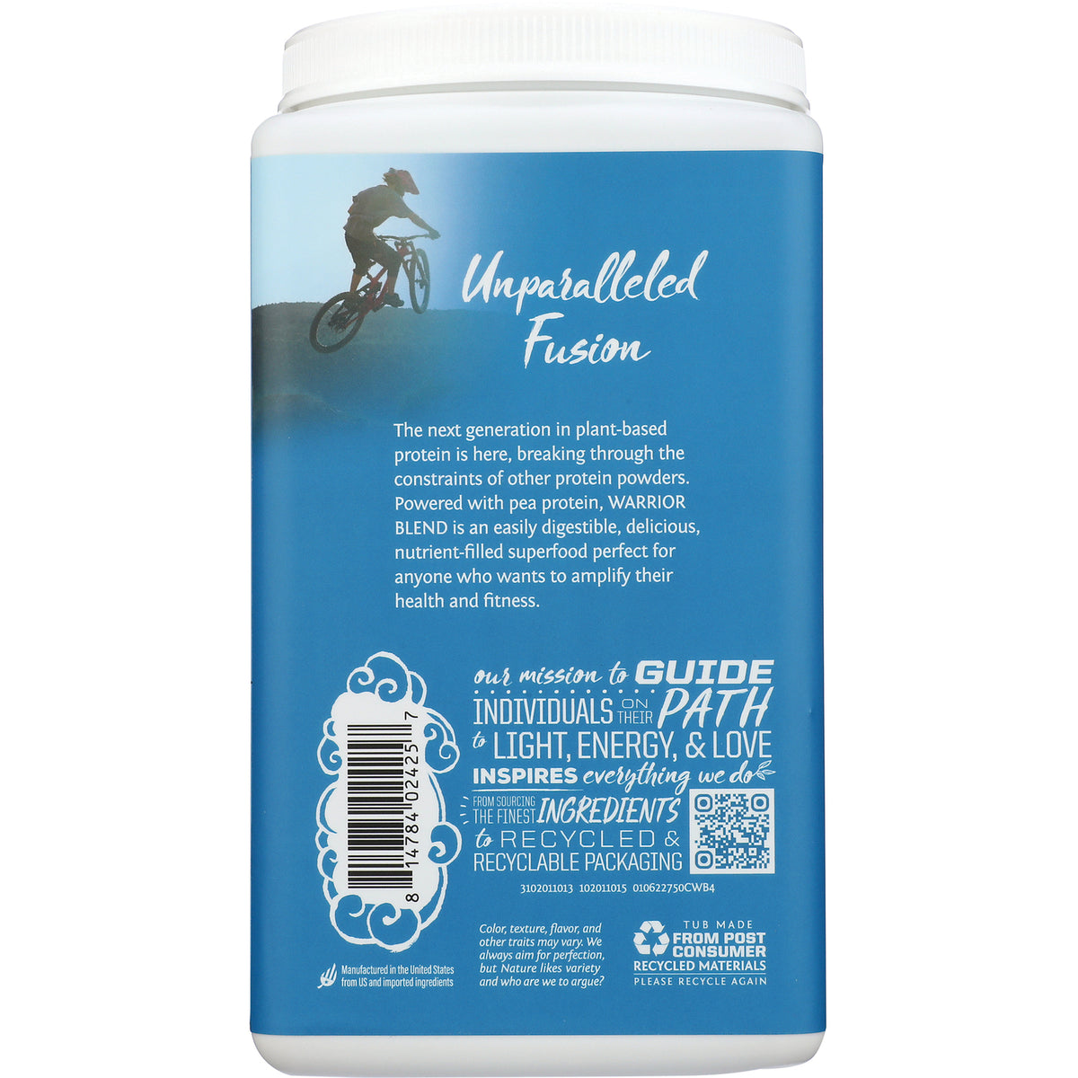 SNW022 | Back label with Unparalleled Fusion product description, barcode, QR code, and recycled packaging info