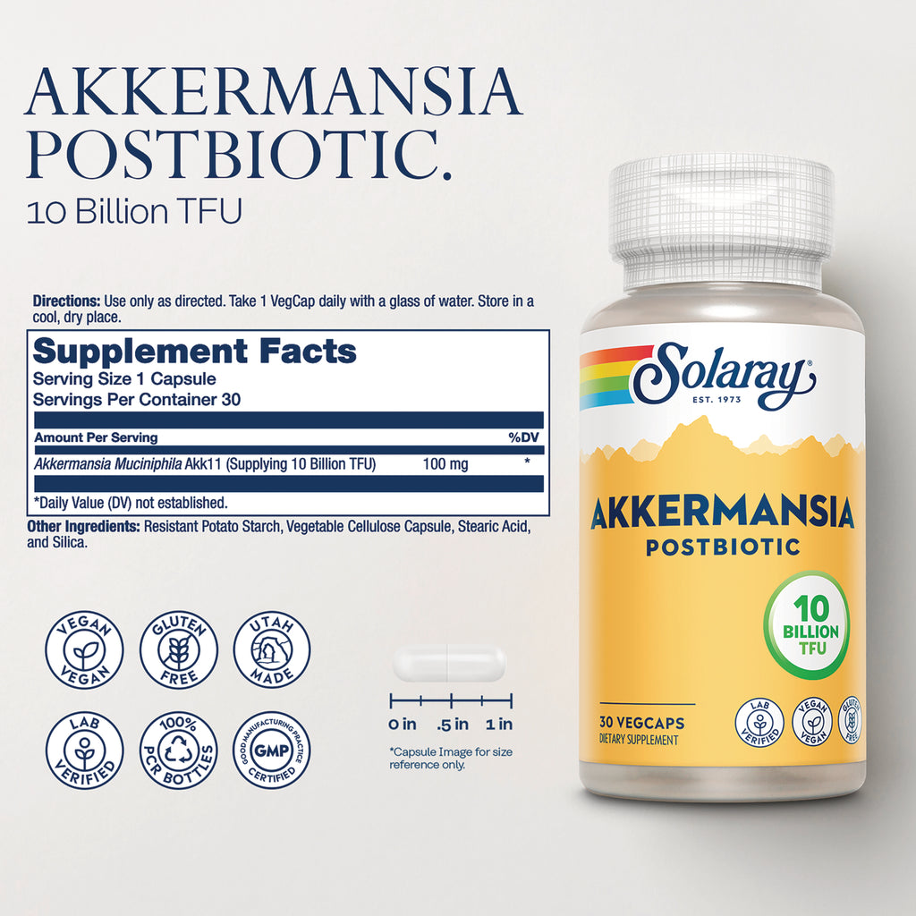 SLR541 | Supplement Facts panel for Solaray Akkermansia Postbiotic, 10 Billion TFU, 30 VegCaps - Thumbnail