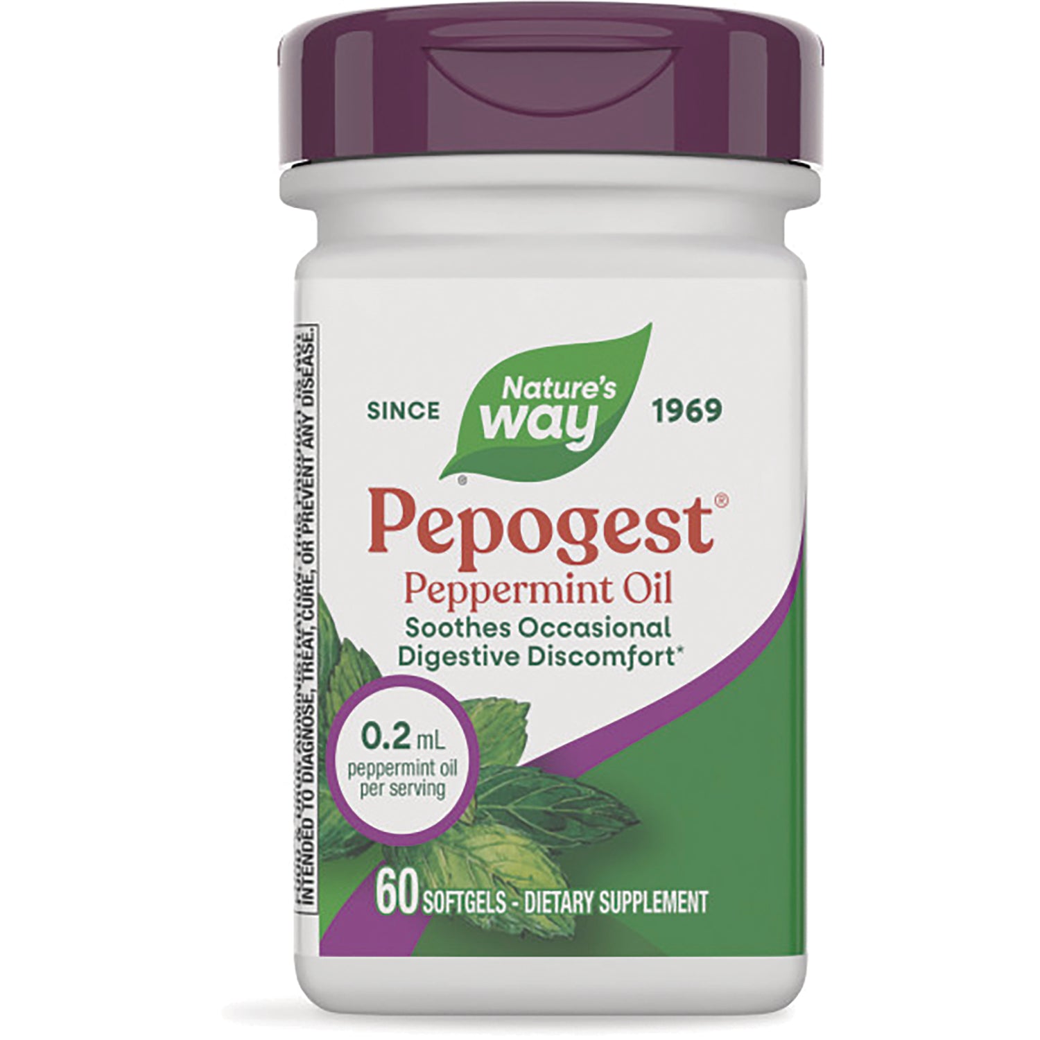 NW564 | Nature's Way Pepogest Peppermint Oil supplement bottle front label, 60 softgels, 0.2 mL per serving
