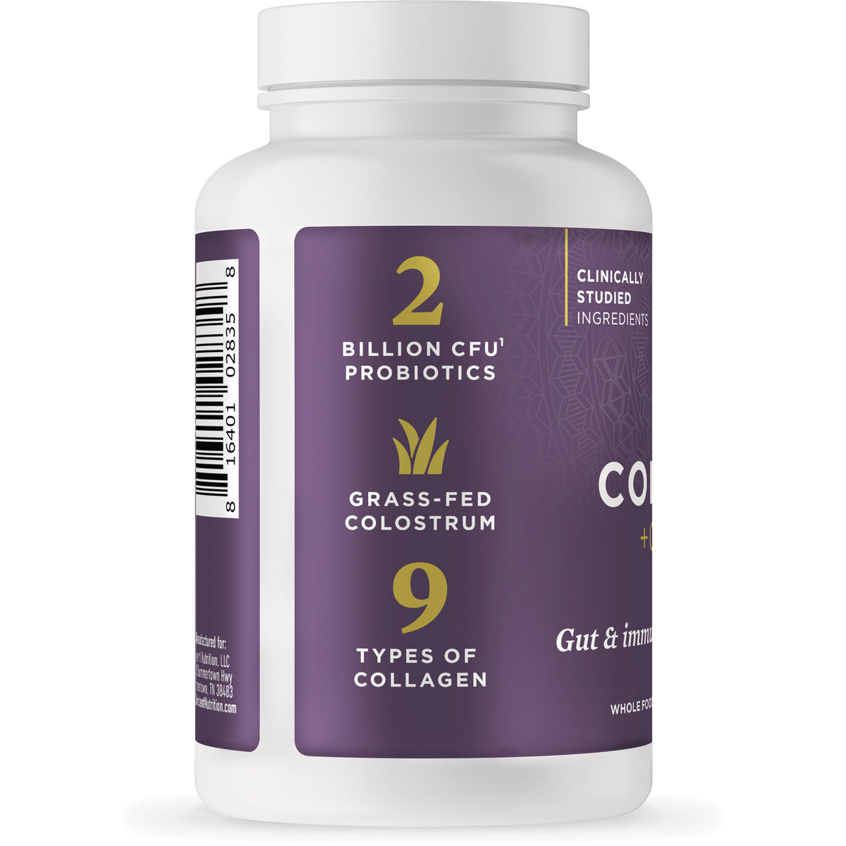 ATN147 | Back label showing 2 billion CFU probiotics, grass-fed colostrum and 9 types of collagen