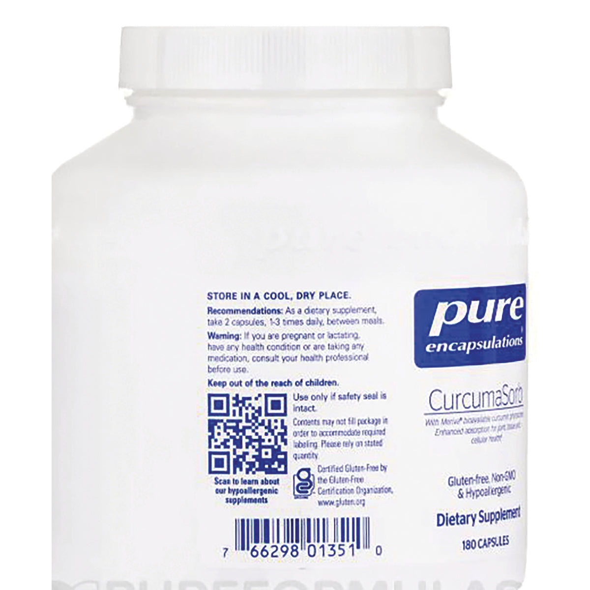 PRN170 | back label of Pure Encapsulations CurcumaSorb supplement bottle showing storage instructions, QR code, and barcode