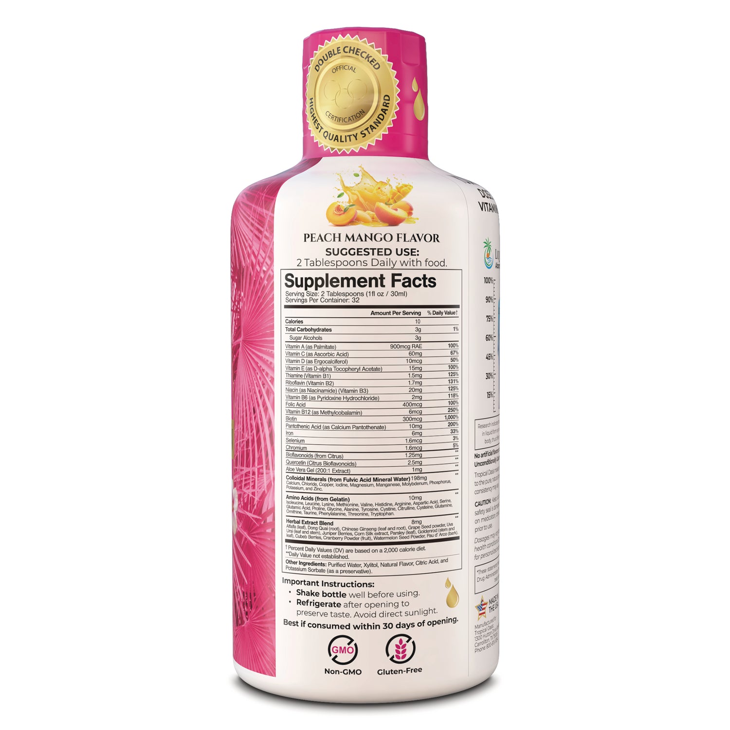 TPL028 | Back of peach mango flavor liquid supplement bottle with Supplement Facts panel
